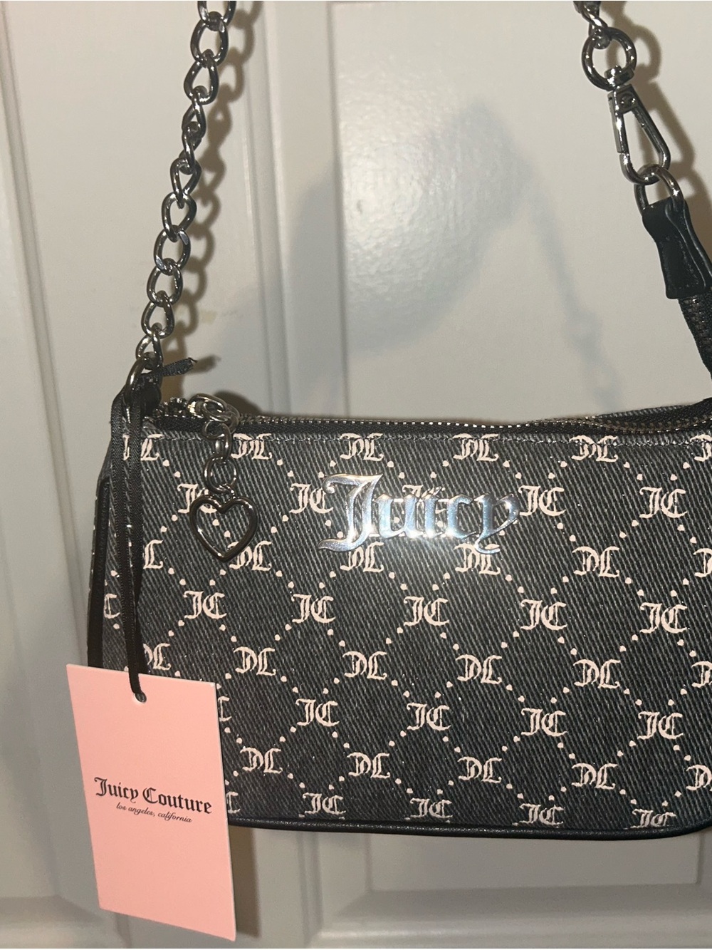 Juicy Couture Black Monogram Chain Shoulder Bag with Pink Tag
